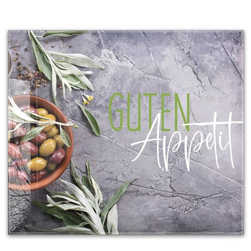 Herdabdeckplatte 60x52 cm einteilig aus 4mm ESG Glas | Guten Appetit – Mediterrane Oliven & Kräuter auf Steinoptik | Herd Abdeckung Abdeckplatte Induktion Schneidebrett für Ceranfeld von timalo