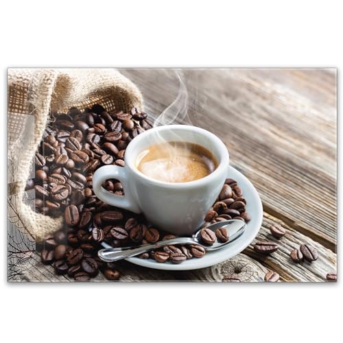 Herdabdeckplatte 80x52 cm einteilig – Kaffee, Espresso, Kaffeebohnen, rustikales Holz, Café Atmosphäre | ESG Glas Ceranfeldabdeckung, Schneidebrett, für Ceranfeld, Herd, Induktion, Küche von timalo