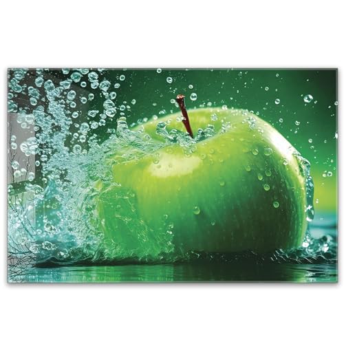 Herdabdeckplatte 80x52 cm einteilig aus 4mm ESG Glas | Grüner Apfel im Wasser Splash | Herd Abdeckung Abdeckplatte Induktion Schneidebrett Glasplatte für Ceranfeld von timalo