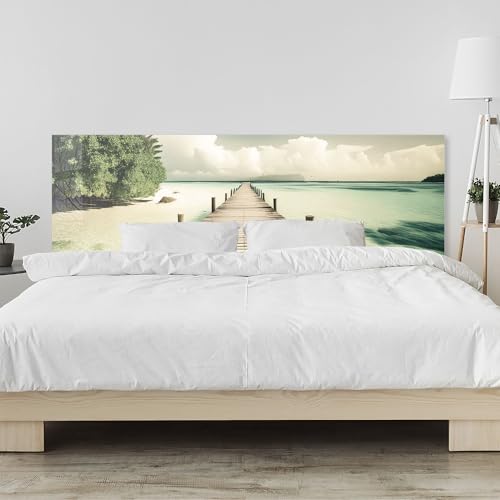 Kopfteil fürs Bett 240 x 58 cm | Holzsteg am Strand – Meer, Sand, Himmel, Palmen | Schutzplatte Wand am Bett – Acrylglas (Acryl wie Glas) 2 mm – Wandpaneel & Bettrückwand, seitliche Montage von timalo