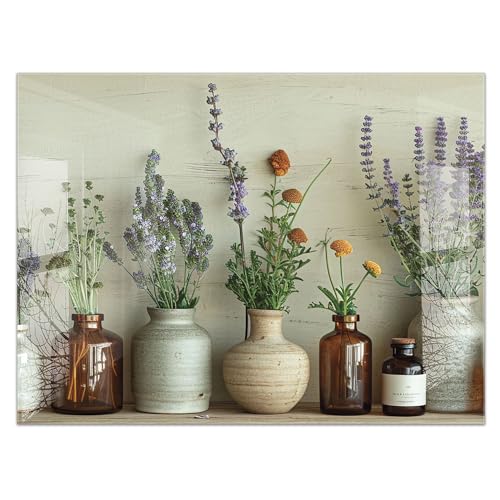Küchenbild aus Acrylglas modernes Wandbild Glasbild Deko Küche XXL Bild wie Glas | 80x60cm Trockenblumen, Vintage Vasen, Kräuter, Boho Deko, Naturstil, rustikale Einrichtung, Lavende von timalo