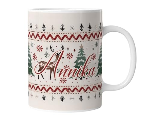 Moderne Weihnachtstasse personalisiert mit Namen | Tasse zu Weihnachten Keramik Kaffeetasse Weihnachtsmotiv Nikolaus Geschenk für Kinder Retro Muster rot | mug-xmasZ-1 von timalo
