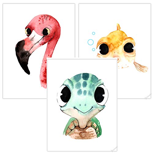 Timalo® 3er Set Bilder Poster Deko Kinderzimmer Babyzimmer | Dekoration Mädchen Junge | t3er01-t000-A4 | Tiere Flamingo Fisch Schildkröte von timalo