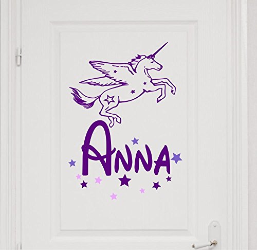 Türaufkleber mit Namen, 73059-29cm-tricolore-violett, mit bunten Sternen - Einhorn, Fee, Pferd - fürs Mädchenzimmer, Kinderzimmer Mädchen, Kinderaufkleber, Wandaufkleber von timalo