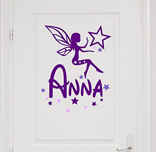 Türaufkleber mit Wunschnamen, 73043-29cm-tricolore-violett, mit bunten Sternen und Fee, Elfe fürs Mädchenzimmer, Kinderzimmer Mädchen, Namensaufkleber, Wandtattoo mit Namen von timalo