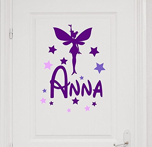 Türaufkleber mit Wunschnamen, 73061-29cm-tricolore-violett, mit bunten Sternen - Elfen, Fee, Prinzessin - fürs Mädchenzimmer, Kinderzimmer Mädchen, Kinderaufkleber von timalo