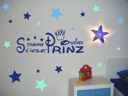 Wandtattoo Kinderzimmer, Kind, Baby ~ Text: Süße Träume kleiner Prinz + Krone und Sterne Tricolore blau - für Jungen, Buben ~ 61059-57x20 cm Wandaufkleber Wandtatoos Sticker Aufkleber für die Wand, Fensterbild, Tapetensticker, Türaufkleber von timalo