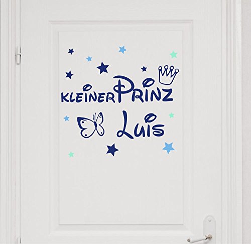 Wandtattoo Türaufkleber mit Namen, ~Kleiner Prinz mit Schmetterling ~ 73008-58cm-tricolore-blau, mit bunten Sternen fürs Jungenzimmer, Kinderzimmer Jungen, Wandaufkleber Wandtatoos Sticker Aufkleber für die Wand, Tapetensticker, Tattoo aus Markenfolie, Namensaufkleber mit Wunschname, in 32 Farben wählbar von timalo