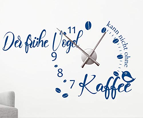 Wandtattoo Uhr mit Uhrwerk Spruch Der frühe Vogel, Kaffee Wanduhr Küche Wohnzimmer DIY von timalo® – 30 Farben | 76064b-Aubergine-M-80x47-Uhr-silber von timalo