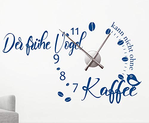 Wandtattoo Uhr mit Uhrwerk Spruch Der frühe Vogel, Kaffee Wanduhr Küche Wohnzimmer DIY von timalo® – 30 Farben | 76064b-Enzian-M-100x58-Uhr-silber von timalo