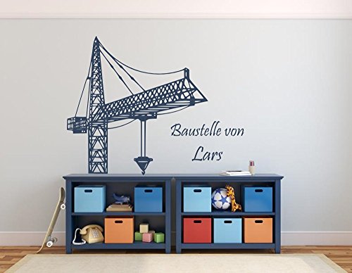 Wandtattoo mit Namen ~ Kran, Baukran, Text Baustelle von ~ fürs Kinderzimmer und Schlafzimmer Mädchen und Jungen, 73026-80x58cm-blau, fürs Jungenzimmer, Mädchenzimmer Namensaufkleber Wandaufkleber Wandtatoos Sticker Aufkleber für die Wand, Tapetensticker, Tattoo aus Markenfolie mit Wunschname, in 32 Farben wählbar von timalo