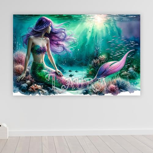 XXL Meerjungfrau poster mit Namen personalisiert Mädchenzimmer Wanddeko gamer Bild für die Wand Wandbild Jugendzimmer Poster gaming zimmer Bilder für Mädchen Wasserfarben | poster1-Motiv83-B80xH61cm von timalo