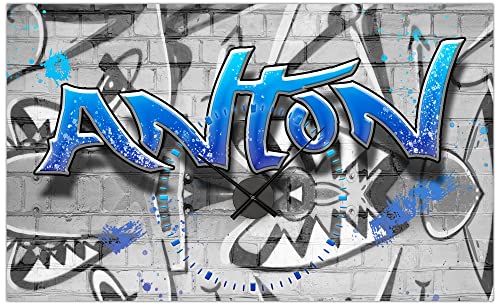 timalo® Coole Gamer Uhr Gaming Poster personalisiert mit Namen | Zimmer Dekoration Banner Bild mit Uhrwerk Deko Wanduhr Wandbild Graffiti blau | pu-14-100x61cm-d von timalo