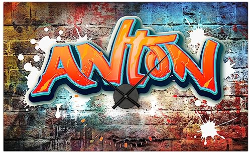 timalo® Coole Gamer Uhr Gaming Poster personalisiert mit Namen | Zimmer Dekoration Banner Bild mit Uhrwerk Deko Wanduhr Wandbild Graffiti orange | pu-15-100x61cm-d von timalo