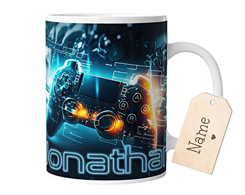 timalo® Coole Gaming Tasse personalisiert mit Namen | Kaffeetasse Geschenk für Gamer Becher | Neon blau Gamepad | mug-gamer-68 von timalo