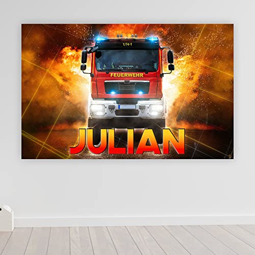 timalo® Cooles Poster mit Namen Feuerwehr Bild für die Wand | Wandbild für Kinder Jungen mit Feuerwehrauto Kinderzimmer Deko personalisiert | child003-B160xH61cm von timalo