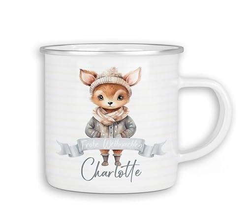 timalo® Emaille Tasse personalisiert mit Namen | Kinder Blechtasse Kindertasse Geschenk Weihnachten | Reh-3 von timalo