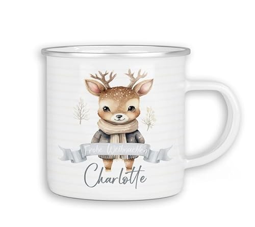 timalo® Emaille Tasse personalisiert mit Namen | Kinder Blechtasse Kindertasse Geschenk Weihnachten | Reh-4 von timalo