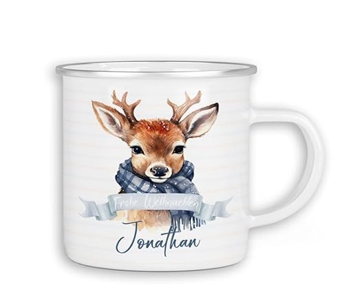 timalo® Emaille Tasse personalisiert mit Namen | Kinder Blechtasse Kindertasse Geschenk Weihnachten | Rentier-2 von timalo