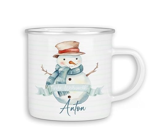 timalo® Emaille Tasse personalisiert mit Namen | Kinder Blechtasse Kindertasse Geschenk Weihnachten | Schneemann-2 von timalo