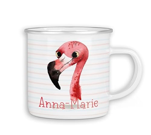 timalo® Emaille Tasse personalisiert mit Namen | Kinder Blechtasse Kindertasse bedruckt mit süßen Tiermotiven Becher Motiv Tiere | 16- Flamingo von timalo