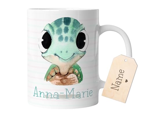 timalo® Kindertasse mit Namen bedrucken lassen | Motiv Schildkröte Tiere Personalisierte Tasse mit Wunschname für Kinder Geschenk zur Einschulung Jungen und Mädchen | mug-t-04 von timalo