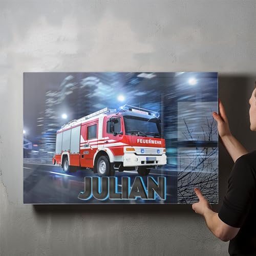 timalo® Kinderzimmer Acryl-Wandbild personalisiertes Kinder Bild mit Namen aus Acrylglas - Glasbild für die Wand Jugendzimmer Acrylglasbild Acrylbild | 60x40cm Feuerwehr, Feuerwehrauto von timalo