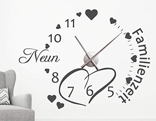 timalo® Moderne Wanduhr Wandtattoo Spruch 'Familienzeit – Zeit Familie' mit Uhrwerk – Uhr zum Aufkleben Herzen rund | 76044-dunkelgrau-58x44-Uhr-silber von timalo
