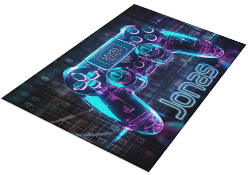 timalo® Moderner Gaming Teppich personalisiert mit Namen | Gamer Teppich Gaming Room | Fußmatte mit Wunschname Kinderzimmer Dekoration Jugendzimmer | Neon Controller von timalo