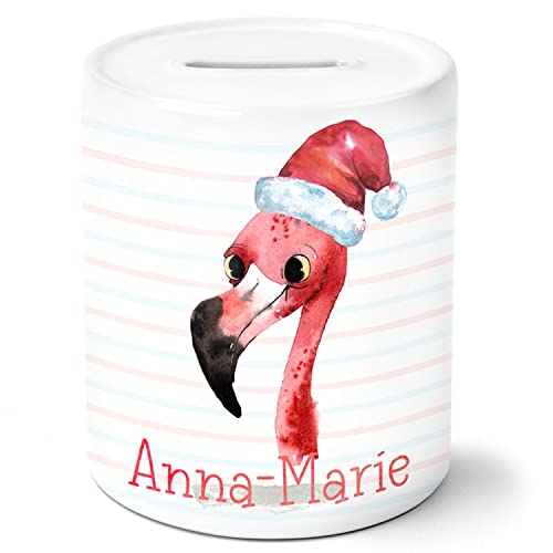 timalo® Spardose Weihnachten personalisiert mit Namen | Personalisierbares Geschenk Sparschwein für Kinder Nikolaus Tiere Geschenkidee | Flamingo spardose-tx-16 von timalo