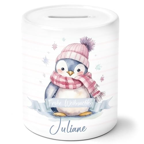 timalo® Spardose personalisiert mit Namen | Personalisierbares Geschenk Sparschwein Keramik Geldgeschenk Kinder Weihnachten Jungen Mädchen | Pinguin von timalo