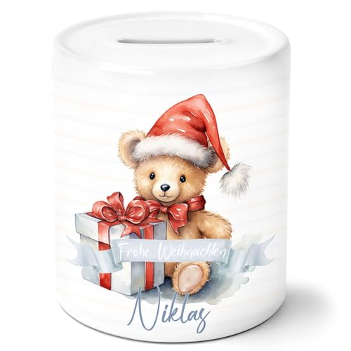 timalo® Spardose personalisiert mit Namen | Personalisierbares Geschenk Sparschwein Keramik Geldgeschenk Kinder Weihnachten Jungen Mädchen | Teddy von timalo