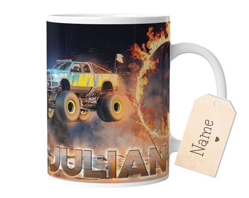 timalo® Tasse Motiv Monstertruck mit Namen bedrucken lassen | Individuelle Kindertasse mit amerikanischem Truck und Wunschname für Kinder Jungen | mug-kind16 von timalo