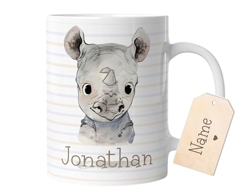 timalo® Tasse mit Namen bedrucken lassen | Nashorn Tiere Personalisierte Tasse mit Wunschname für Kinder Geschenk zur Einschulung Jungen | mug-t-07 von timalo
