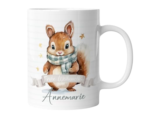 timalo® Tasse personalisiert mit Namen Geschenk „Frohe Weihnachten“ Kaffeetasse Jungen und Mädchen | Eichhörnchen-2 von timalo