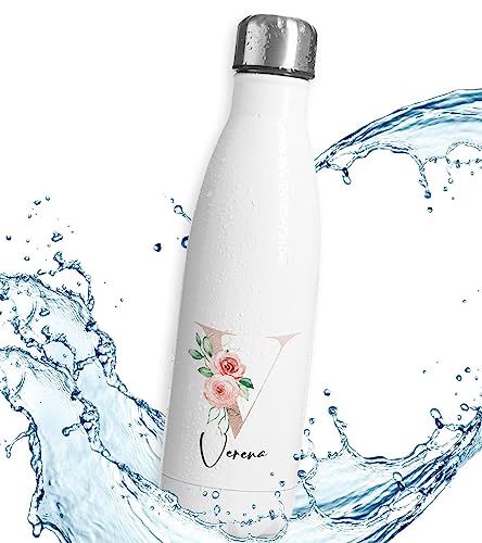 timalo® Thermosflasche | Initialen | personalisiert mit Namen auslaufsichere Edelstahl Trinkflasche Wasserflasche Muttertag Geschenk für Frauen 750mL | V von timalo
