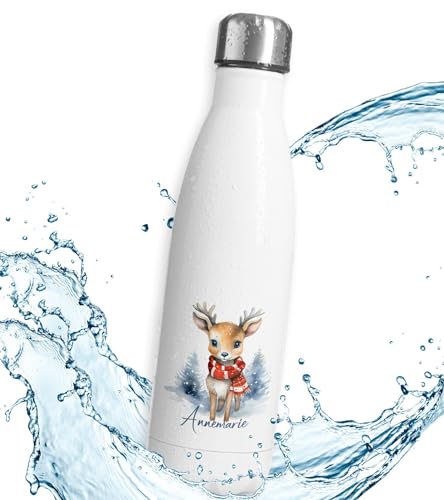 timalo® Thermosflasche Weihnachten personalisiert mit Namen auslaufsichere Edelstahl Trinkflasche Geschenk Wasserflasche für Männer Frauen Kinder Mädchen Jungen 350mL | Rentier von timalo