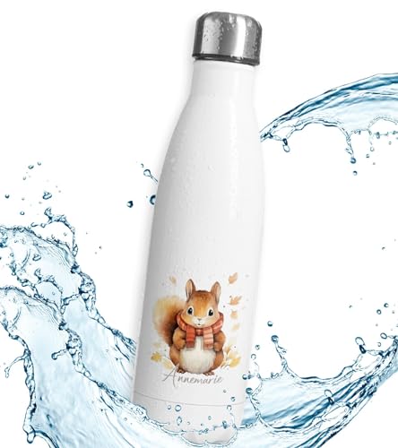 timalo® Thermosflasche Weihnachten personalisiert mit Namen auslaufsichere Edelstahl Trinkflasche Geschenk Wasserflasche für Männer Frauen Kinder Mädchen Jungen 500mL | Eichhörnchen-3 von timalo