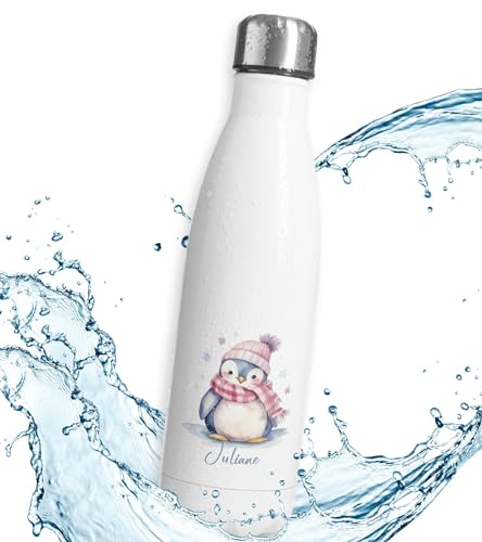 timalo® Thermosflasche Weihnachten personalisiert mit Namen auslaufsichere Edelstahl Trinkflasche Geschenk Wasserflasche für Männer Frauen Kinder Mädchen Jungen 500mL | Pinguin von timalo