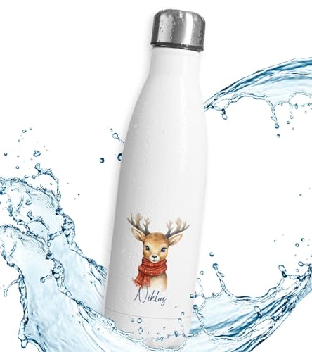 timalo® Thermosflasche Weihnachten personalisiert mit Namen auslaufsichere Edelstahl Trinkflasche Geschenk Wasserflasche für Männer Frauen Kinder Mädchen Jungen 500mL | Reh-2 von timalo