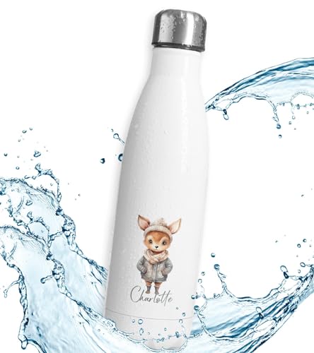 timalo® Thermosflasche Weihnachten personalisiert mit Namen auslaufsichere Edelstahl Trinkflasche Geschenk Wasserflasche für Männer Frauen Kinder Mädchen Jungen 500mL | Reh-3 von timalo