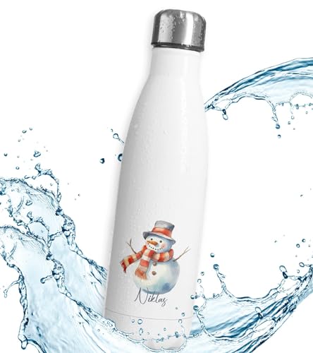 timalo® Thermosflasche Weihnachten personalisiert mit Namen auslaufsichere Edelstahl Trinkflasche Geschenk Wasserflasche für Männer Frauen Kinder Mädchen Jungen 500mL | Schneemann-1 von timalo