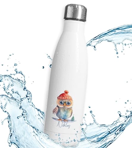 timalo® Thermosflasche Weihnachten personalisiert mit Namen auslaufsichere Edelstahl Trinkflasche Geschenk Wasserflasche für Männer Frauen Kinder Mädchen Jungen 750mL | Eule von timalo
