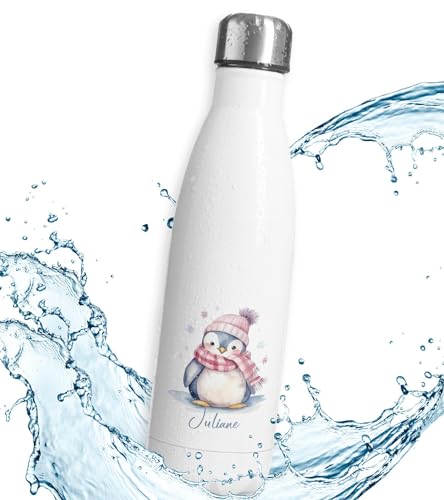 timalo® Thermosflasche Weihnachten personalisiert mit Namen auslaufsichere Edelstahl Trinkflasche Geschenk Wasserflasche für Männer Frauen Kinder Mädchen Jungen 750mL | Pinguin von timalo