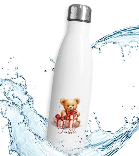 timalo® Thermosflasche Weihnachten personalisiert mit Namen auslaufsichere Edelstahl Trinkflasche Geschenk Wasserflasche für Männer Frauen Kinder Mädchen Jungen 750mL | Teddybär von timalo