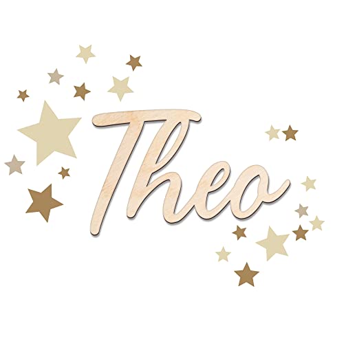 timalo® Türschild Holz personalisiert mit Namen. Individuelles Namensschild Kinderzimmer 3D Schriftzug Dekoration Tür Wanddeko Aufkleber | wood2-m-Sterne-40cm von timalo