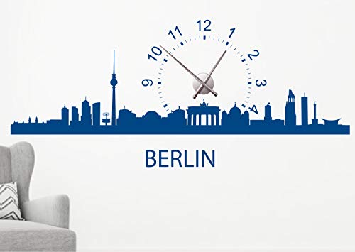 timalo® Wandtattoo mit Uhrwerk Wanduhr fürs Wohnzimmer DIY Uhr zum Aufkleben – Skyline Berlin | 76061-Anthrazit-M-130x58-Uhr-silber von timalo