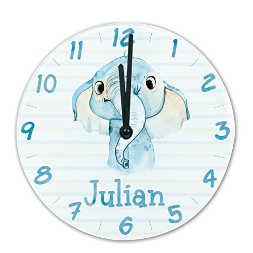 timalo® Wanduhr Tiere Kinderzimmer personalisiert mit Namen | Geschenk Uhr für Kinder mit süßen Tiermotiven | Elefant glasuhr-t-03 von timalo