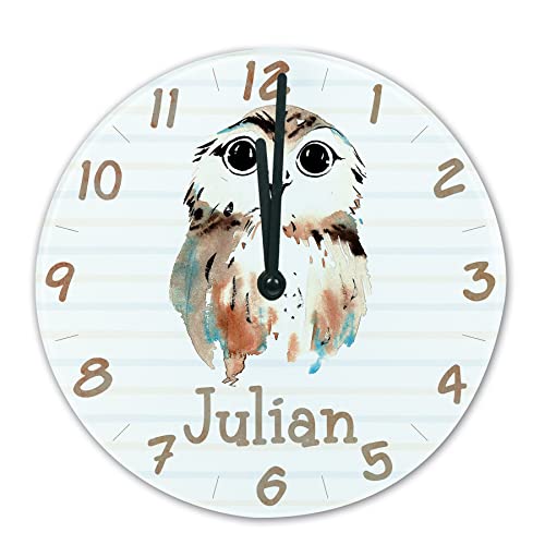timalo® Wanduhr Tiere Kinderzimmer personalisiert mit Namen | Geschenk Uhr für Kinder mit süßen Tiermotiven | Eule glasuhr-t-23 von timalo