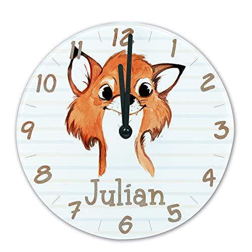 timalo® Wanduhr Tiere Kinderzimmer personalisiert mit Namen | Geschenk Uhr für Kinder mit süßen Tiermotiven | Fuchs glasuhr-t-13 von timalo